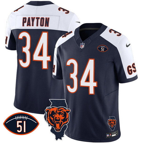 Men's Chicago Bears #34 Walter Payton Navy/White F.U.S.E. With Illinois and No. 51 Patch Stitched Football Jersey Men's Chicago Bears #34 Walter Payton Navy/White F.U.S.E. With Illinois and No. 51 Patch Stitched Football Jersey